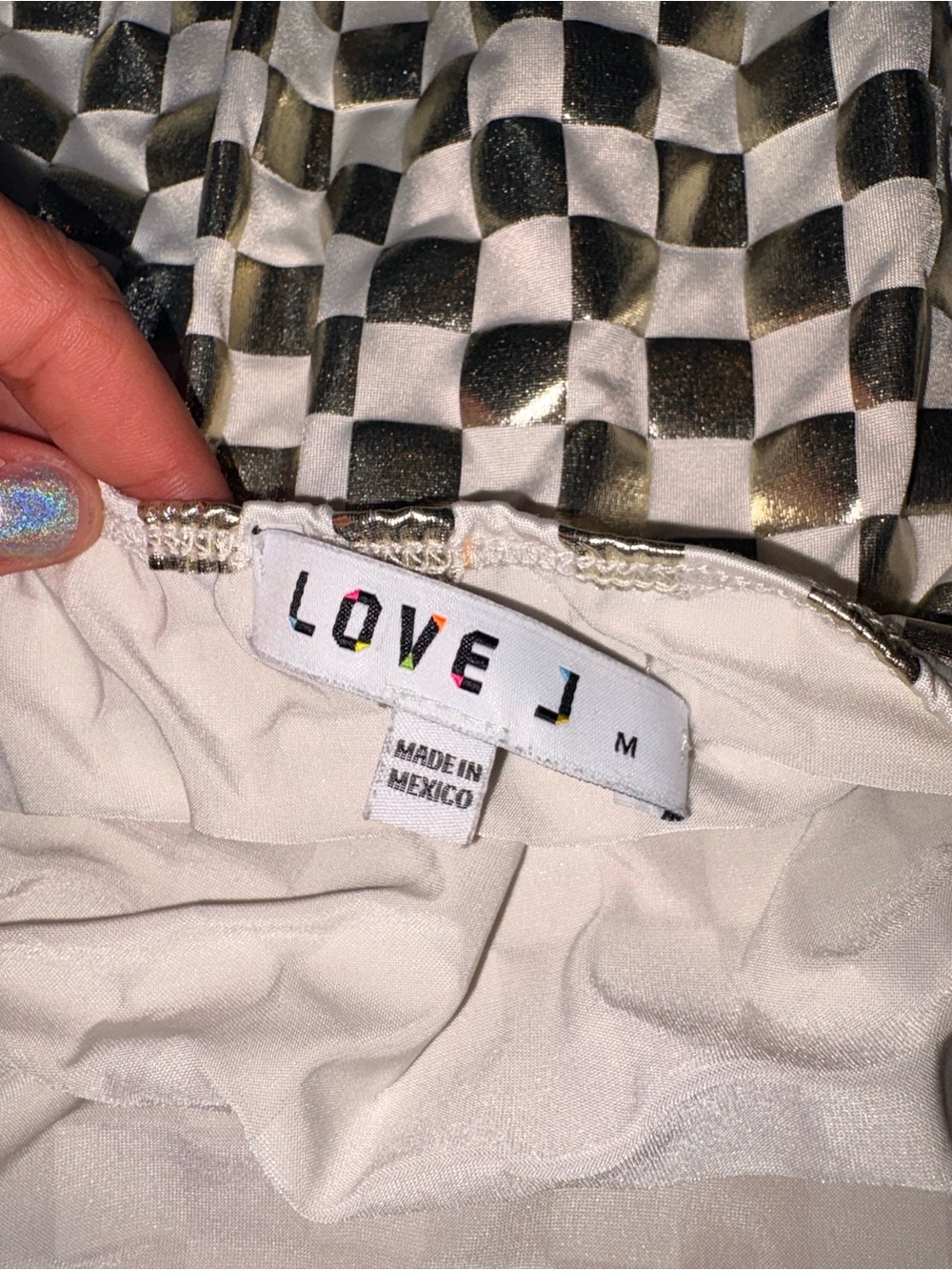 Love J Women’s Medium Metallic Gold White Checkered Bodysuit - Picture 5 of 7